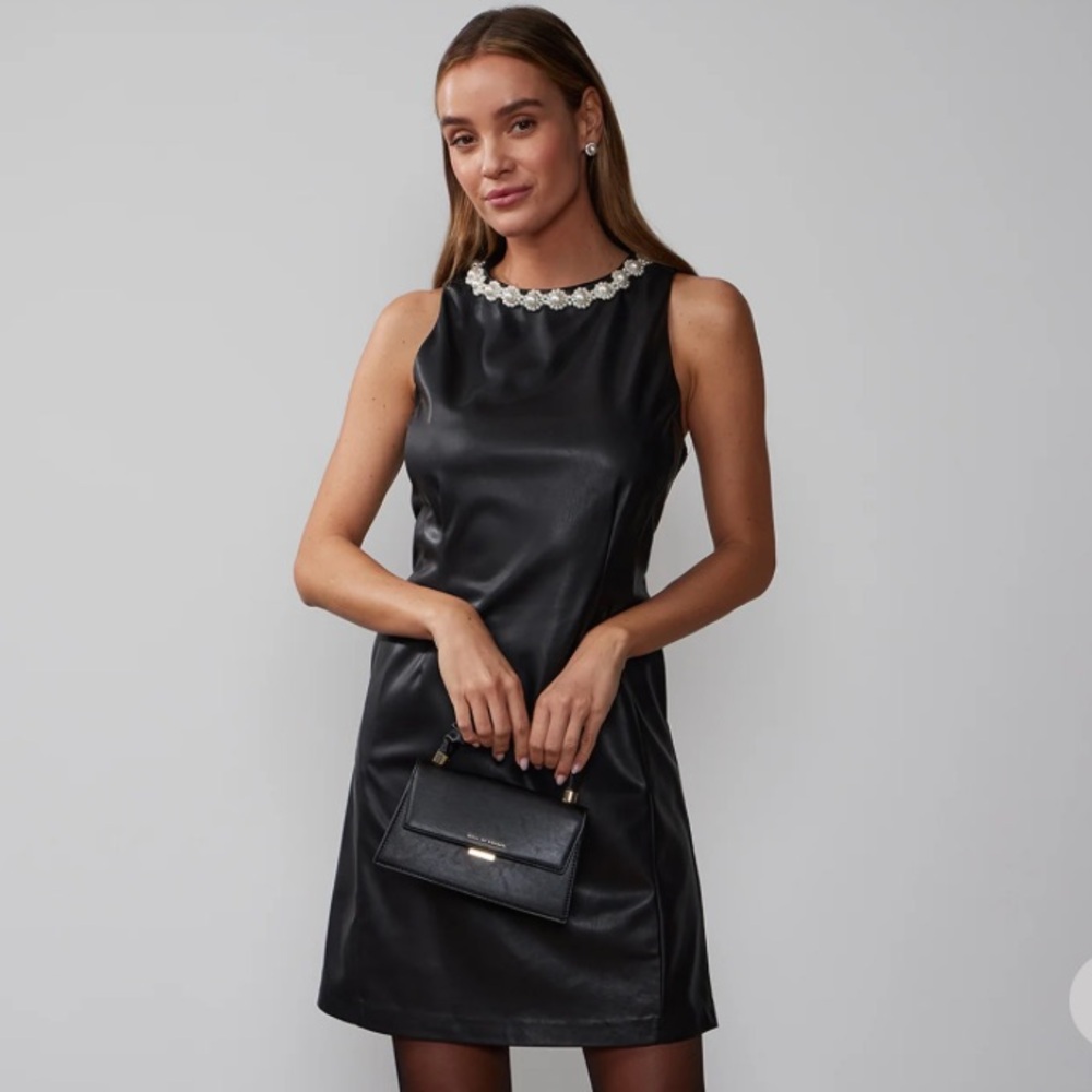 NY&Co Vegan Leather Pearl Neckline Mini Dress